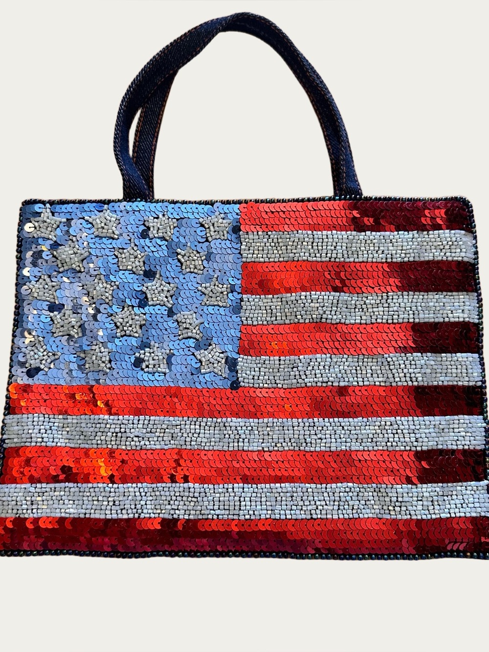 Patriotic Americana American Flag Denim Sequined Beaded Purse Handbag Vintage